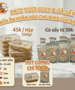 Pate tươi cho mèo kết hợp gà sấy, thơm ngon và tiện lợi, phù hợp làm bữa ăn bổ sung cho chó mèo.