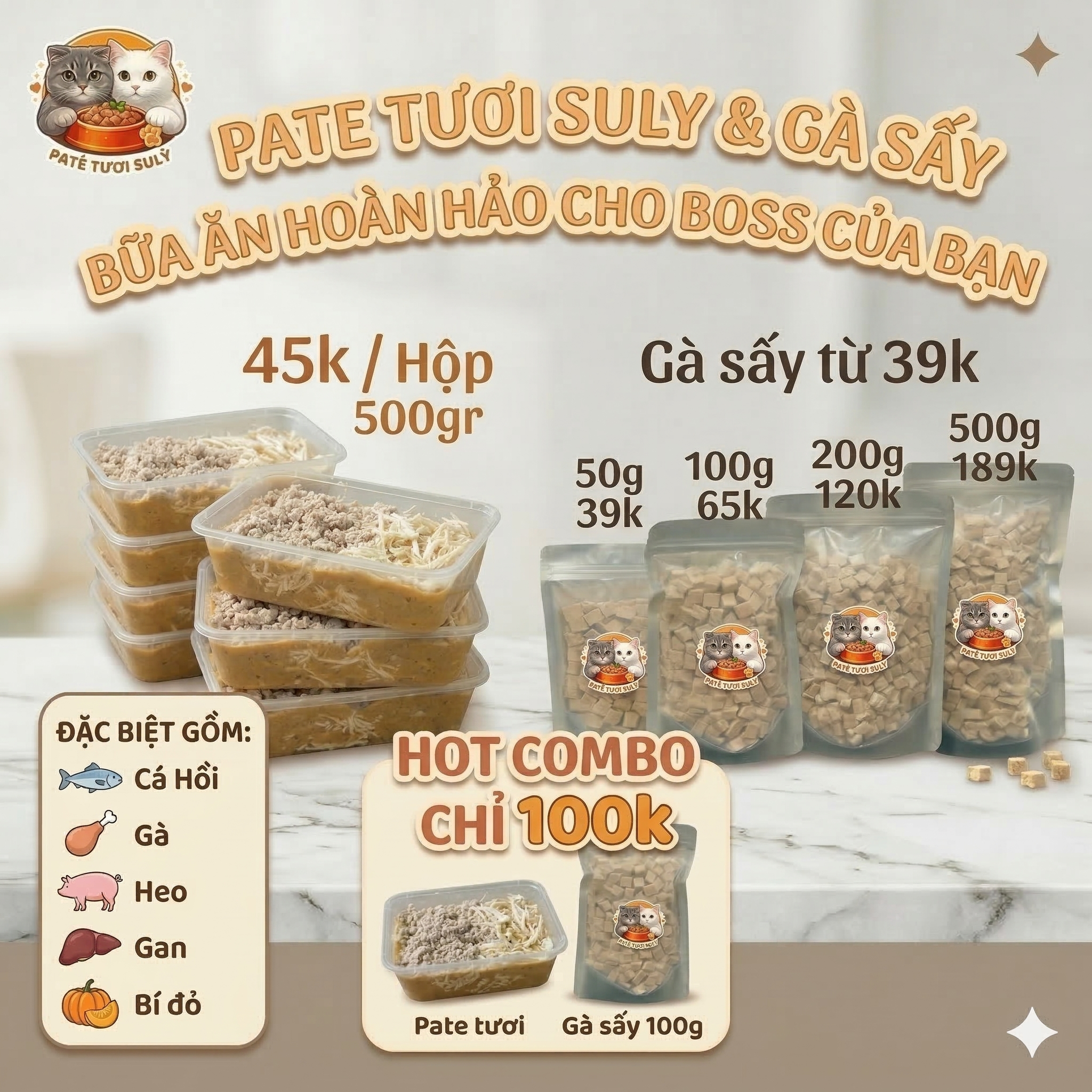 Pate tươi cho mèo kết hợp gà sấy, thơm ngon và tiện lợi, phù hợp làm bữa ăn bổ sung cho chó mèo.